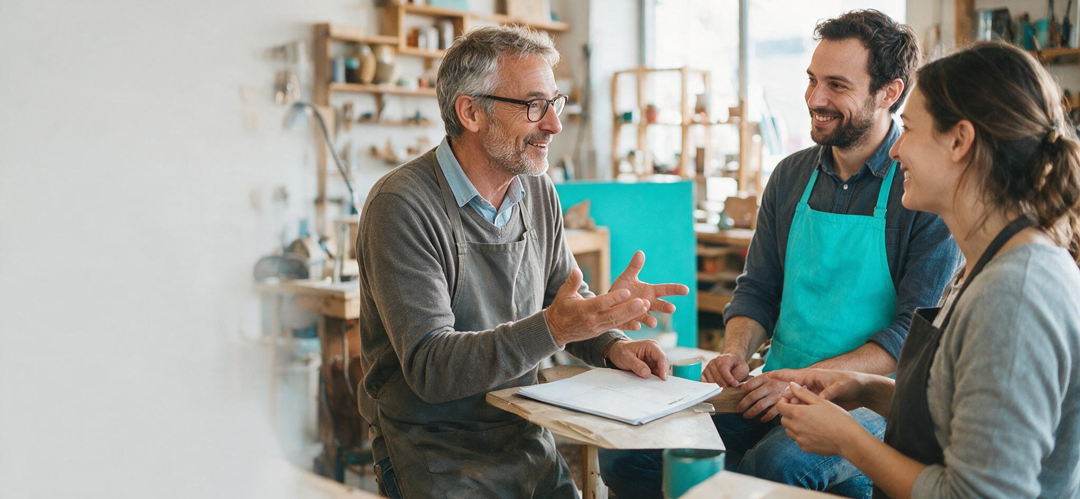 comment-motiver-ses-salaries Dirigeant de TPE échangeant avec ses salariés dans son atelier, illustration de la motivation en petite entreprise
